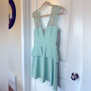BCBG Sea Foam dress with lace details and peplum waist